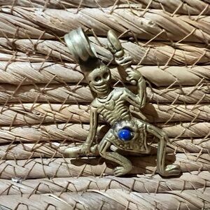 Brass Skeleton Amulet Talisman Pendant Nepal with Blue Stone